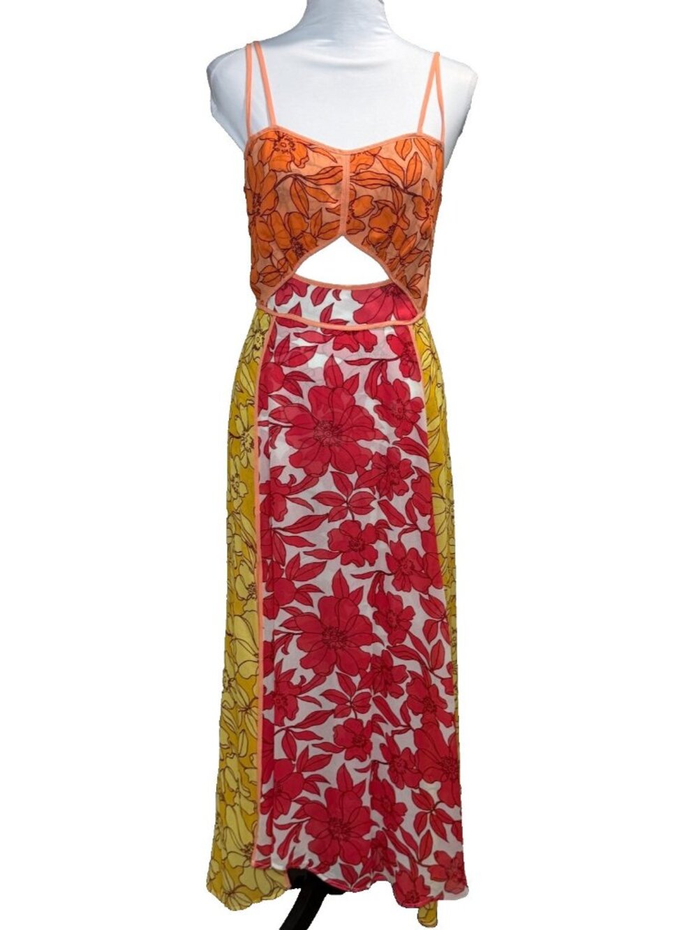 Reiss Red Yellow Orange Isla Cut-Out Back Bow Sleeveless Midi Dress Floral 2